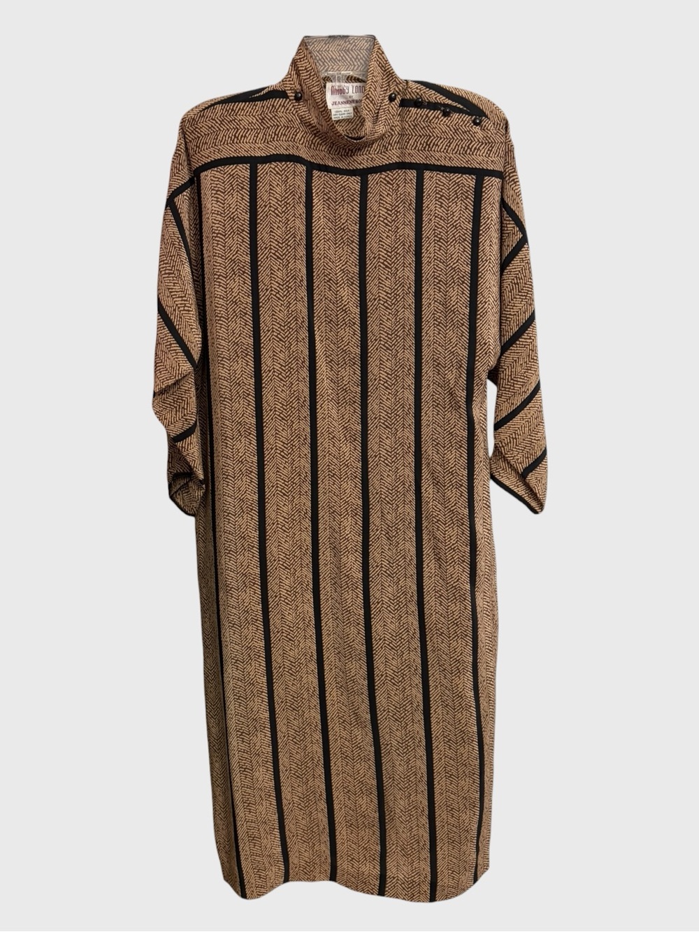 Vintage 80s Maggy London Jeannene Booher Silk Dress Size 8 Brown Black Geometric